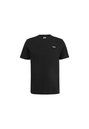 Black cotton t-shirt featuring short sleeves and a crew neckline. Small white and red FILA logo on the left chest. Solid color, no patterns.