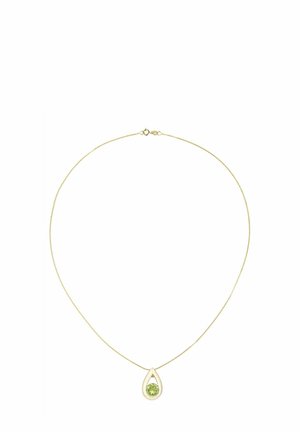 Gold-toned chain necklace features a teardrop pendant with a light green gemstone, smooth finish, and minimalist design.