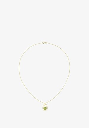 Kuldset tooni kett-kaelakee, millel on tilgakujuline ripats hele-rohelise vääriskiviga, sile viimistlus ja minimalistlik disain.