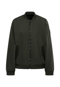 Blouson aviateur vert foncé, en tissu lisse. Comprend une fermeture éclair à l'avant, un col et des poignets côtelés, ainsi que deux poches latérales. Design uni.