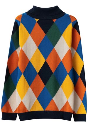 Pull à col roulé avec un motif losanges multicolore en bleu, orange, jaune, vert, blanc et noir.