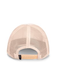 Mesh cap in light beige with a plastic adjustable strap, rounded shape, and subtle branding at the back. Textured fabric throughout.