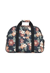 Torba sportowa w kwiatowy wzór na granatowym tle, z dużymi kwiatami hibiskusa w odcieniach różu i pomarańczy, czarnymi uchwytami oraz naszywką z logo.