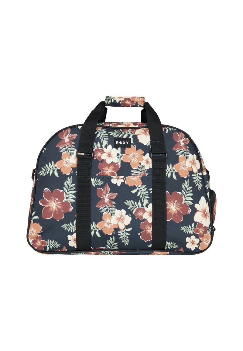 Torba sportowa w kwiatowy wzór na granatowym tle, z dużymi kwiatami hibiskusa w odcieniach różu i pomarańczy, czarnymi uchwytami oraz naszywką z logo.