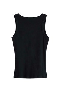 Black ribbed tank top with wide shoulder straps and a rounded neckline, featuring a fitted silhouette and smooth texture.
