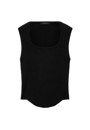 Sort ribstrikket ærmeløs top med firkantet udskæring og let buet kant, lavet af strikstof.