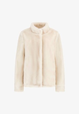Giacca in pelliccia sintetica color crema con colletto alto e maniche lunghe. Il design è minimalista con una consistenza morbida e pelosa.