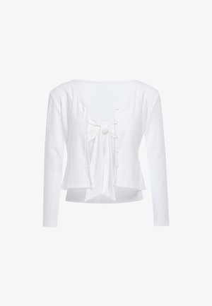 Hvid kort cardigan med lange ærmer, knapper foran og en bundet sløjfe i midten.
