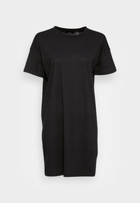 Svart bomulls T-shirt klänning med korta ärmar, rund halsringning, lös passform och rak silhuett, med en slät textur och enkel design.