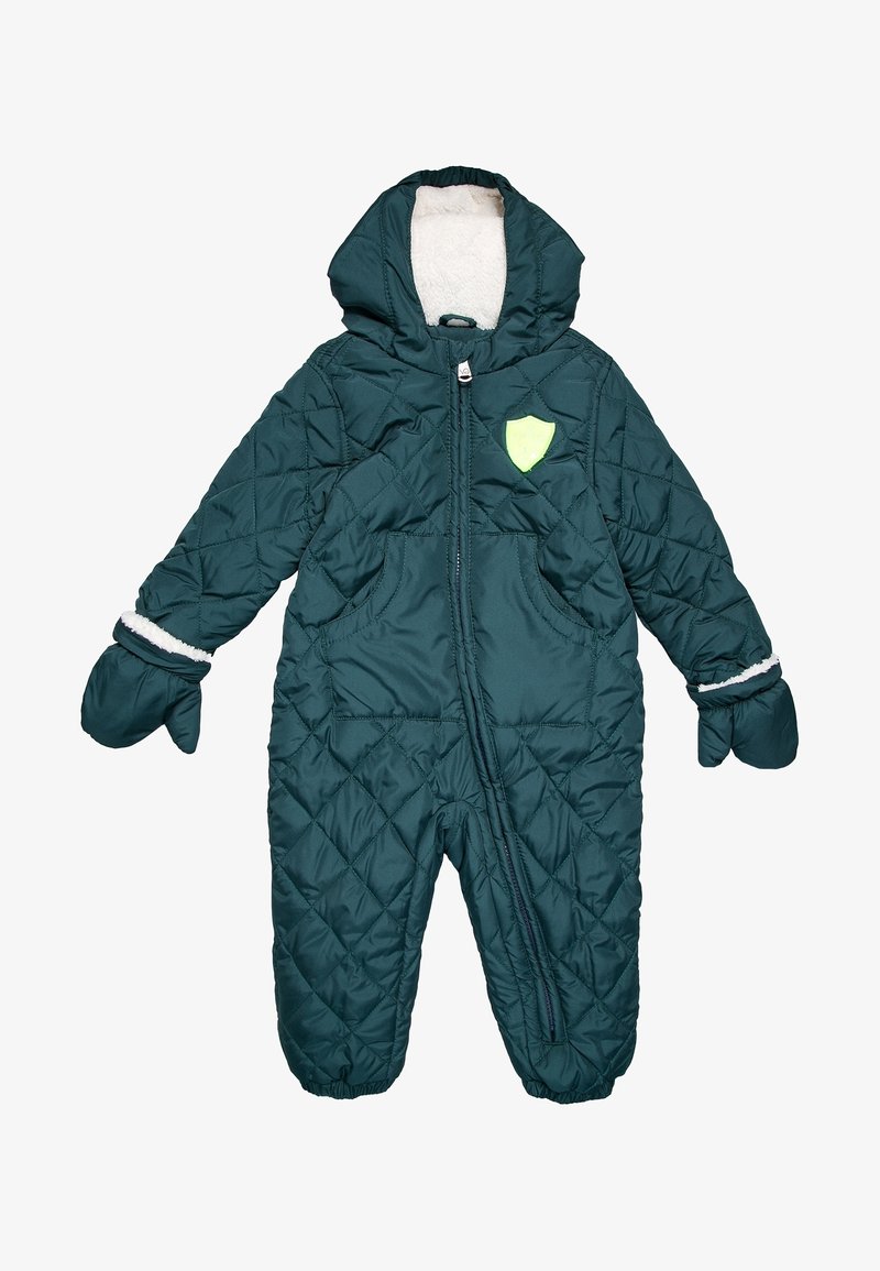 Combinaison de neige matelassée vert foncé avec capuche, deux poches avant et mitaines attachées, dotée d'une doublure pelucheuse et d'un badge réfléchissant.