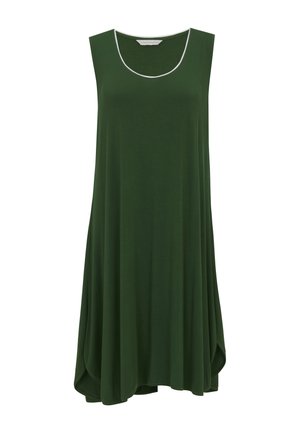 Robe ample sans manches vert foncé avec bordure blanche autour de l'encolure dégagée et un ourlet légèrement évasé.