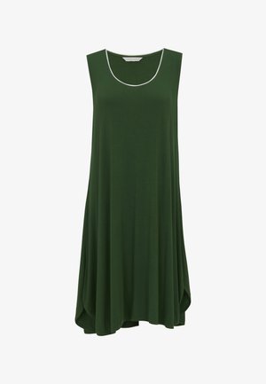 Robe ample sans manches vert foncé avec bordure blanche autour de l'encolure dégagée et un ourlet légèrement évasé.