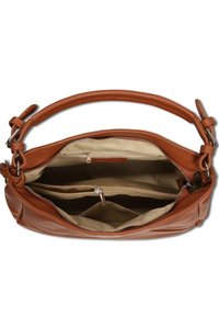 Sac à main en cuir marron avec une fermeture zippée sur le dessus, présentant un intérieur beige, deux compartiments ouverts et une poche zippée. Deux poignées de transport.