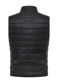 Czarna pikowana kamizelka z wysokim kołnierzem, z poziomym wzorem pikowania, lekką fakturą i gładkim wykończeniem bez widocznych elementów metalowych.