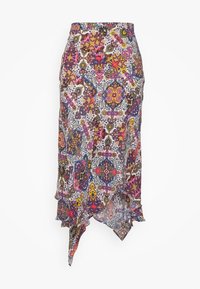 Jupe midi taille haute avec motifs floraux et géométriques colorés, ourlet asymétrique et bords à volants sur fond blanc.