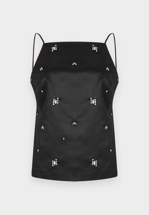 Camisolă neagră din satin cu bretele subțiri, decorată cu embellishments de cristal dispersate și o formă relaxată. Textură netedă și design minim.