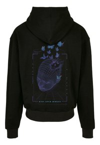 Black hoodie with a graphic design featuring a wireframe head and blue butterflies. Text below reads “STAY OPEN MINDED.” Soft fabric, relaxed fit.