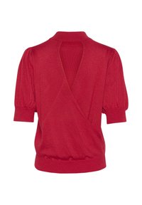 Haut à enfiler rouge avec une texture scintillante, manches courtes bouffantes, dos en V profond et taille cintrée. Matière tricotée lisse.