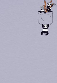 Lila Stoff mit einem Cartoon-Design von drei Pandas in einer Tasche, wobei zwei Bambusstäbe halten und einer darunter hängt, umrandet in Schwarz.