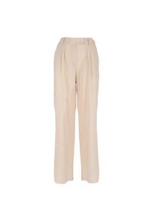 Pantaloni beige a vita alta con gamba larga, pieghe frontali, chiusura con bottoni e passanti per cintura.