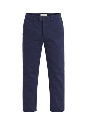 Pantaloni dritti color blu navy con chiusura a bottone e zip, passanti per cintura e tasche laterali, con etichetta "Roy Rogers" sulla fascia della vita.