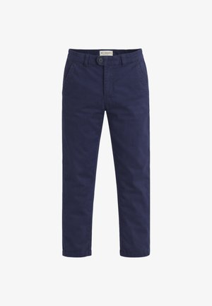 Pantaloni dritti color blu navy con chiusura a bottone e zip, passanti per cintura e tasche laterali, con etichetta "Roy Rogers" sulla fascia della vita.