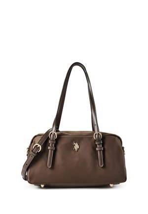 Borsa rettangolare marrone con due manici a spalla, fibbia laterale regolabile e piccolo emblema dorato con cavallo e cavaliere sul davanti.