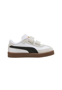 Sneaker bianco con dettagli in suede beige, striscia nera laterale, suola marrone e due fascette in velcro beige per la chiusura.