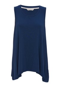 Marineblauwe mouwloze top van zachte stof, met een ontspannen pasvorm, een ronde halslijn en een iets langere achterkant.