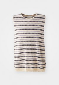 Bezrękawnik z okrągłym dekoltem, w poziome paski w kolorach kremowym, fioletowym i czarnym. Dzianina o fakturze z prążkowanym obszyciem na dole.