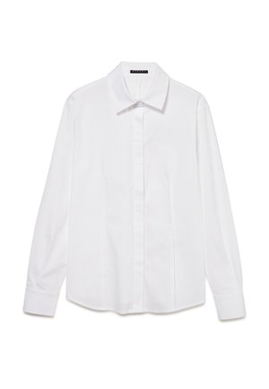 Long-sleeve white dress shirt with a pointed collar, hidden front buttons, and buttoned cuffs, displayed on a white background.