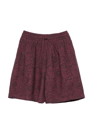 Bordeauxrote Shorts mit schwarzen abstrakten Wirbelmustern, elastischem Bund und einem vorderen Kordelzug zur Anpassung.