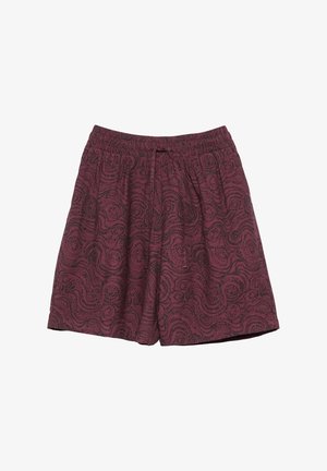 Bordeauxrote Shorts mit schwarzen abstrakten Wirbelmustern, elastischem Bund und einem vorderen Kordelzug zur Anpassung.