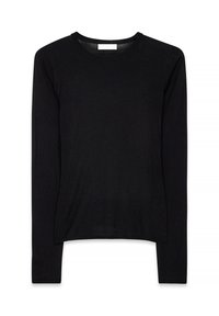 Black long-sleeve crew neck fitted sweater made of fine knit fabric, displayed flat on a white background.