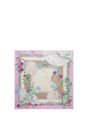 Square scarf with beige and white paisley patterns, purple border, and intertwined floral vines in red, blue, pink, and green.