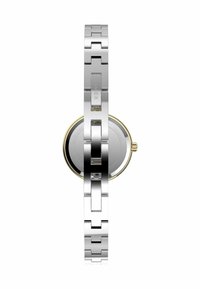 Silver stainless steel watch with a bold link bracelet design and a round black dial, featuring a gold-tone bezel and a minimalist aesthetic.
