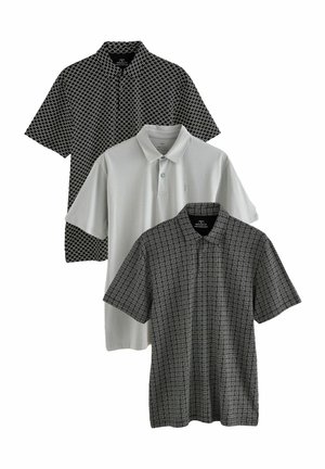 Drei Poloshirts: schwarz mit weißen Punkten, hellgrau und schwarz mit Karomuster. Kurzarm, mit Kragen, strukturierter Stoff.