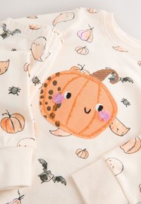 Langærmet bomuldsbluse med cremefarvet baggrund, prydet med illustrationer af græskar og flagermus. Bemærkelsesværdigt orange græskar-applikation med teksturerede detaljer.