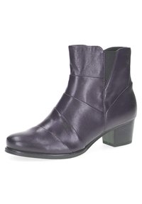 Stivaletto in pelle viola con tacco basso a blocco, caratterizzato da dettagli di cuciture diagonali e inserti laterali elasticizzati per una facile indossabilità.