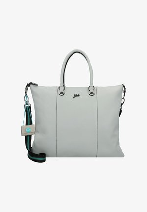 Grijze leren tote bag met dubbele handvatten, afneembare schouderband en zwarte accenten. Beschikt over een voorlogo en een gestructureerde oppervlakte.