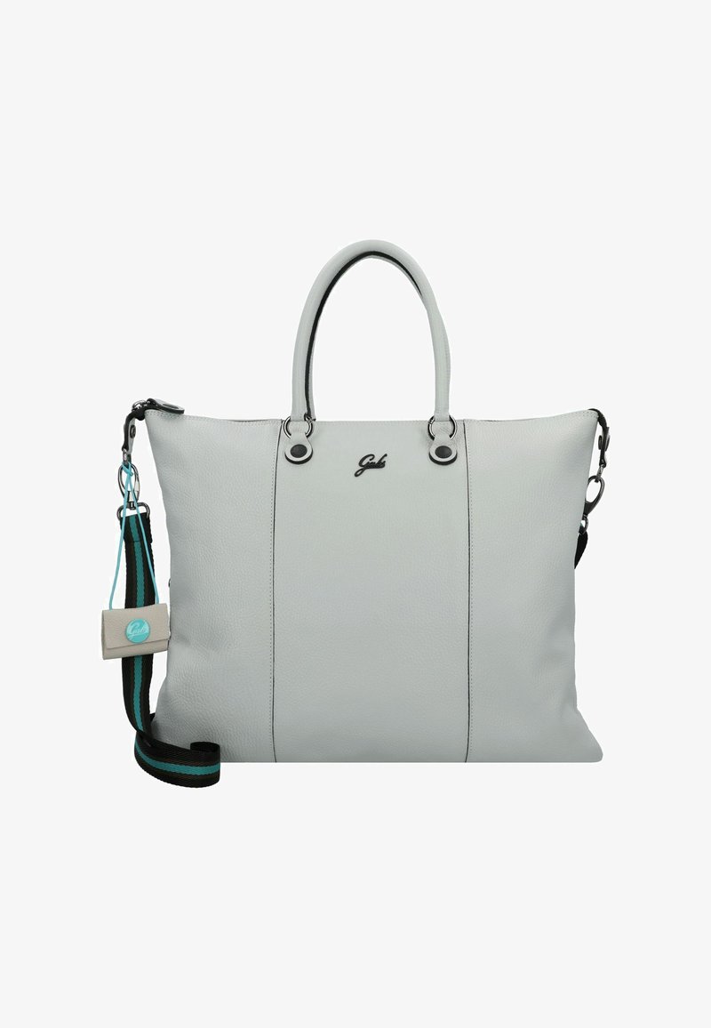 Grijze leren tote bag met dubbele handvatten, afneembare schouderband en zwarte accenten. Beschikt over een voorlogo en een gestructureerde oppervlakte.