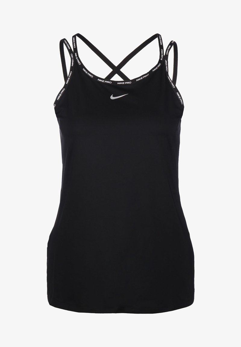 Débardeur Nike Pro noir avec fines bretelles croisées et accents de logo blanc sur les bretelles et au centre de la poitrine
