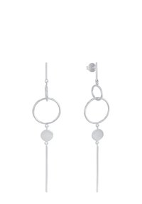 Silberne Ohrhänger mit kreisförmigen und länglichen Formen, polierter Oberfläche und einer Kombination aus verbundenen Ringen sowie einem glatten Scheibendetail.
