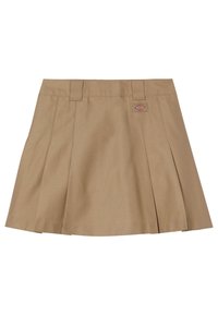Khaki skládací sukně vyrobená z pevné látky. Obsahuje pas s poutky na opasek a malé logo značky vpředu vlevo.