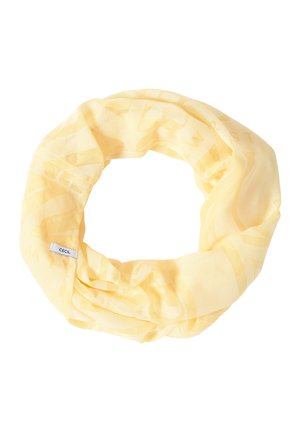 Écharpe infinity légère jaune clair en voile avec un motif subtil et une petite étiquette blanche portant l'inscription "CECIL" sur fond blanc.
