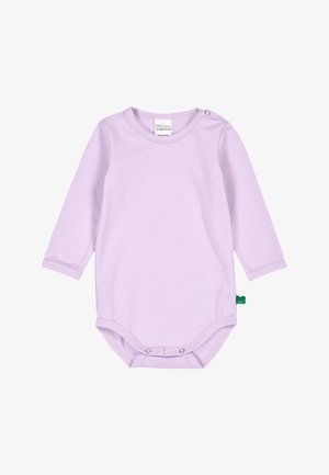 Lila babyromper met lange mouwen, voorzien van drukknoopjes op de schouder en tussen de benen, gemaakt van zacht katoen.