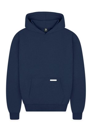 Navy blue hooded sweatshirt made of soft fabric, featuring a front pocket and a small white branding label. Classic design with cuffs.