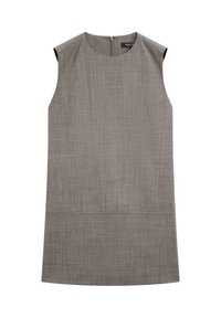 Grijze, mouwloze jurk met een ronde halslijn, subtiele textuur en een rechte silhouet. Heeft een rugrits en minimale naden.