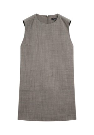 Gray, sleeveless dress with a round neckline, subtle texture, and a straight silhouette. Features a back zipper and minimal seams.