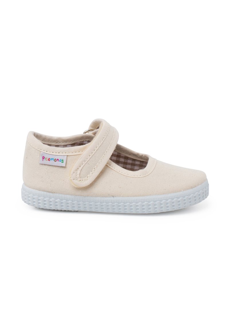 Scarpa in tela beige con cinturino in velcro, punta arrotondata e suola in gomma. Presenta una fodera interna a scacchi e una suola testurizzata per una migliore aderenza.
